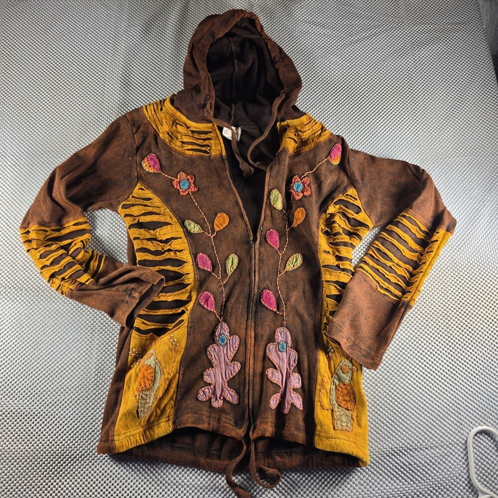 Greater Good Nepal L/XL Hooded Jacket Boho Hippie Patchwork Floral Embroidered